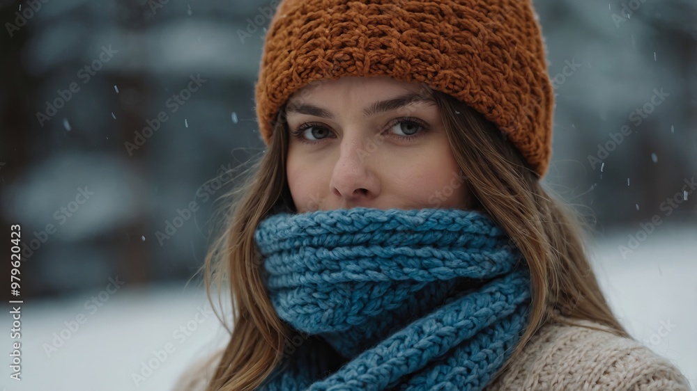 Woman in winter hat covering face with scarf Woman in winter hat covering face with scarf