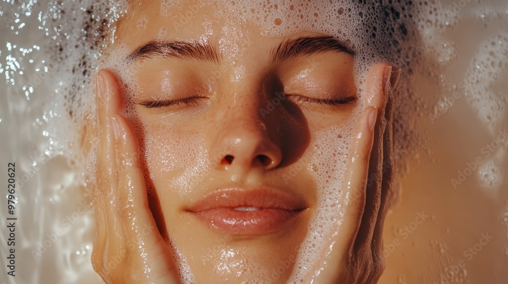 A serene moment of a woman enjoying a facial cleanse, surrounded by soft bubbles and gentle water, promoting relaxation and self-care. A serene moment of a woman enjoying a facial cleanse, surrounded by soft bubbles and gentle water, promoting relaxation and self-care.