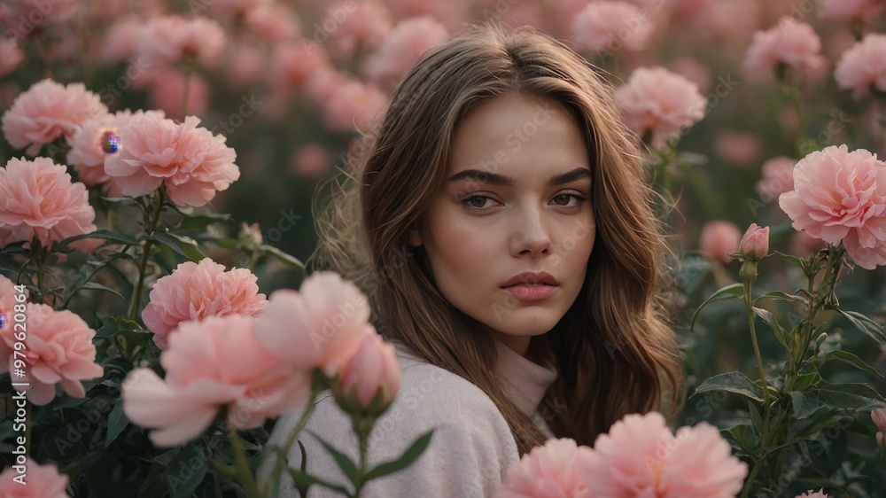 Young woman with radiant skin among pink flowers Young woman with radiant skin among pink flowers