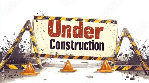 A vibrant 'Under Construction' sign surrounded by caution tape and cones, representing ongoing development and renovation. photo