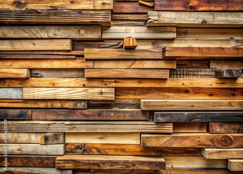 Rustic wooden background with stacks of horizontal, weathered wooden planks, showcasing the natural grain and texture of reclaimed wood in a disorganized but organized manner. photo