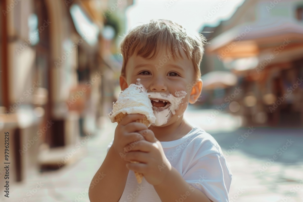 Ice cream makes this child smile from ear to ear. Energetic and joyful child experiencing wonders around. Visual representation of blissful state of early childhood freedom. Ice cream makes this child smile from ear to ear. Energetic and joyful child experiencing wonders around. Visual representation of blissful state of early childhood freedom.