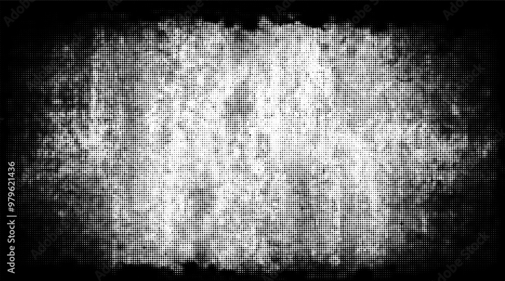 Fototapeta premium Halftone grunge vignette vector background. Vintage grainy effect with distressed dotted texture design. 