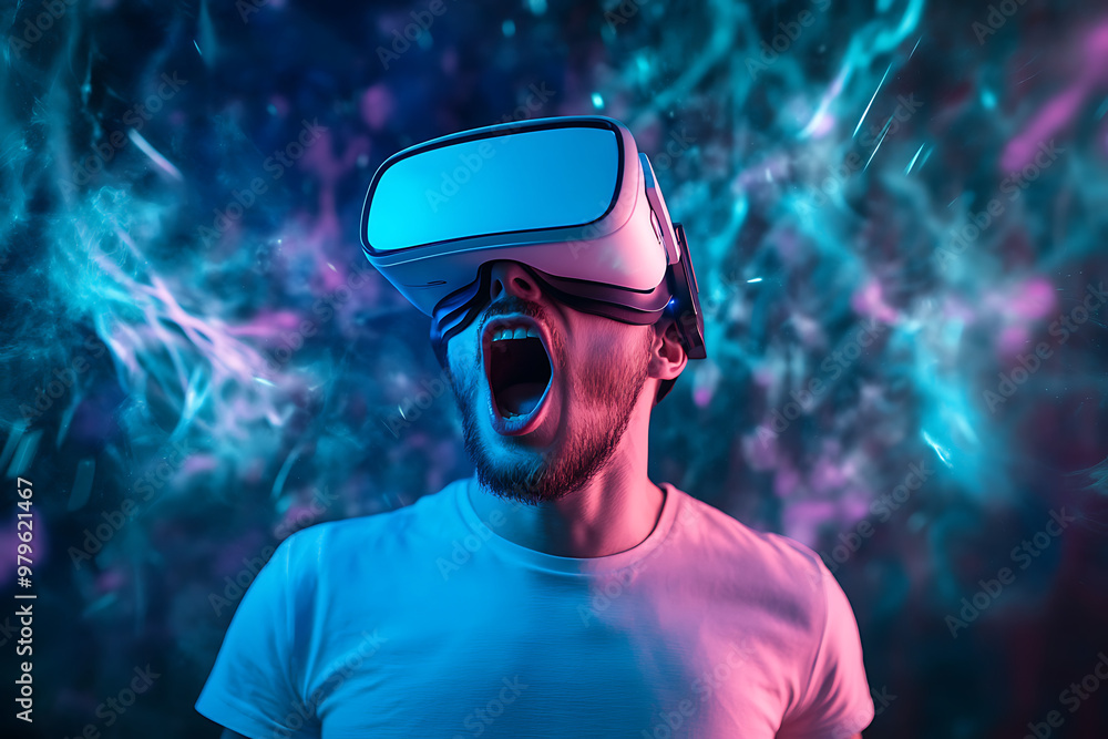 A man immersed in virtual reality, expressing excitement and engagement. A man immersed in virtual reality, expressing excitement and engagement.