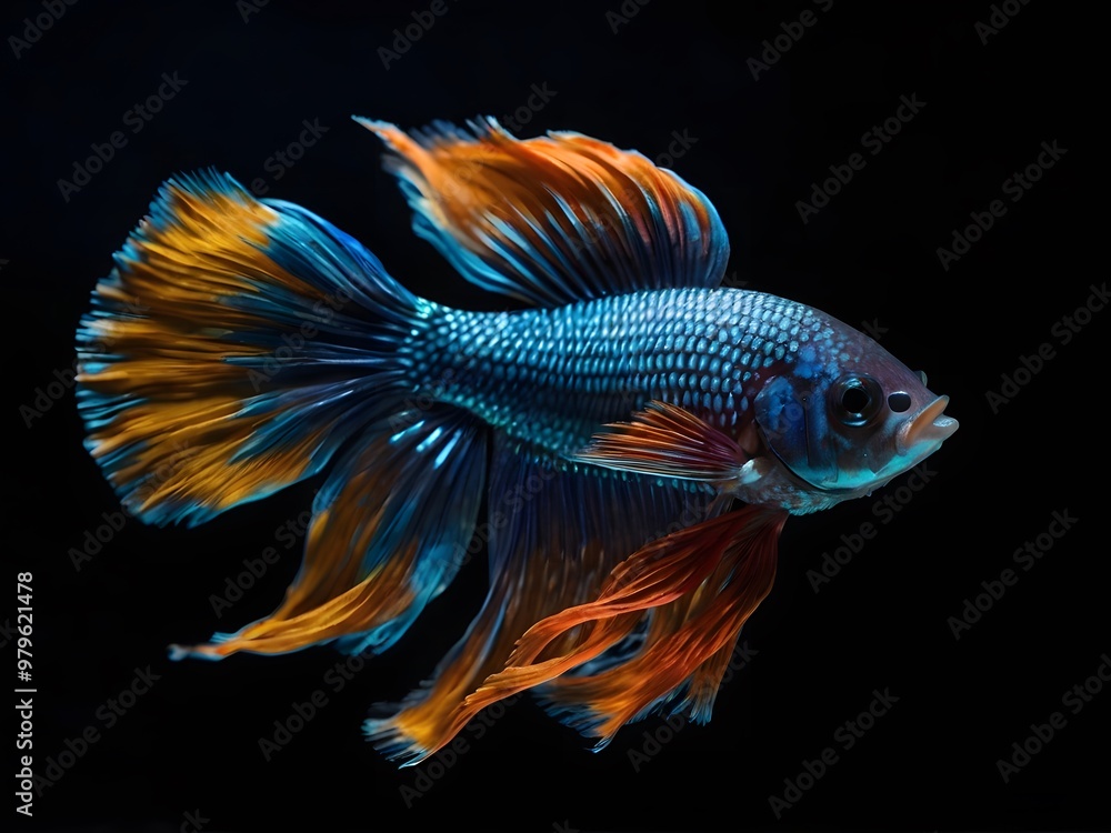 Fototapeta premium Colorful Siamese Fighting Fish with Long Flowing Fins on Black Background