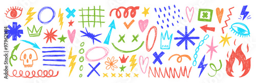 Punk tattoo elements with chalk or crayon texture. Hand drawn graffiti shapes. Doodle vector illustration.