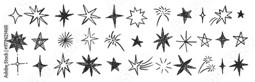Crayon pencil stars and sparkles doodle set. Twinkle and bling in hand drawn style. Black and white vector illustration.