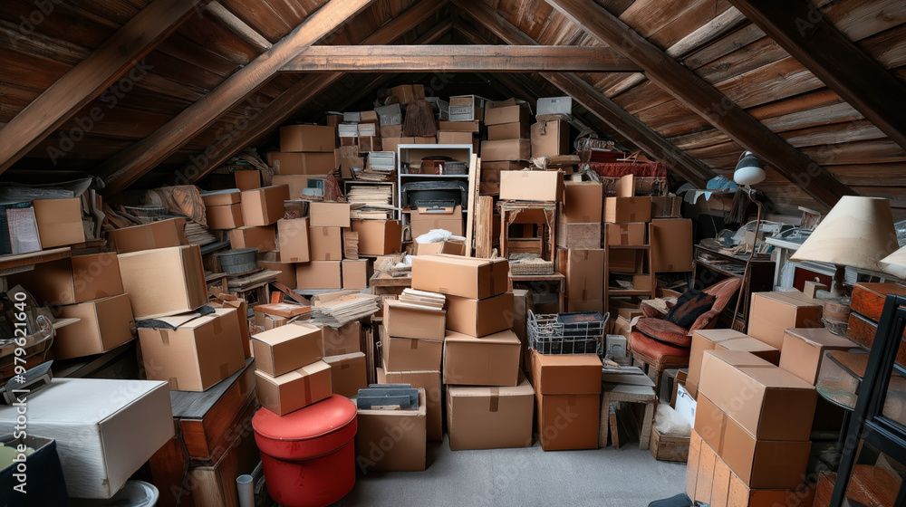 © altitudevisual - Crowded attic filled with stacked cardboard boxes, various furniture items, and miscellaneous household objects in a wooden interior with a pitched roof. © altitudevisual - Crowded attic filled with stacked cardboard boxes, various furniture items, and miscellaneous household objects in a wooden interior with a pitched roof.