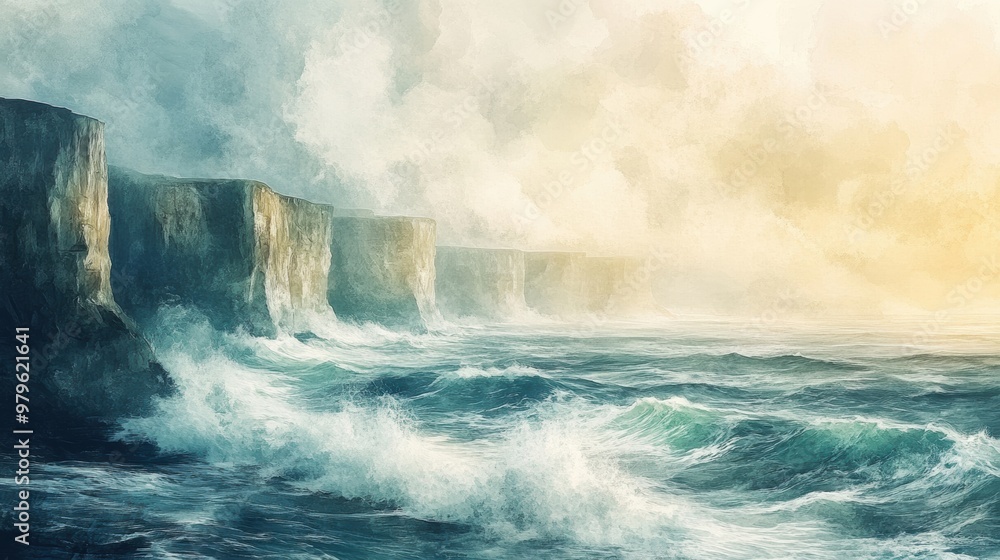 Sunset over ocean cliffs, showcasing dramatic waves and a misty atmosphere filled with soft colors and captivating natural beauty. Sunset over ocean cliffs, showcasing dramatic waves and a misty atmosphere filled with soft colors and captivating natural beauty.