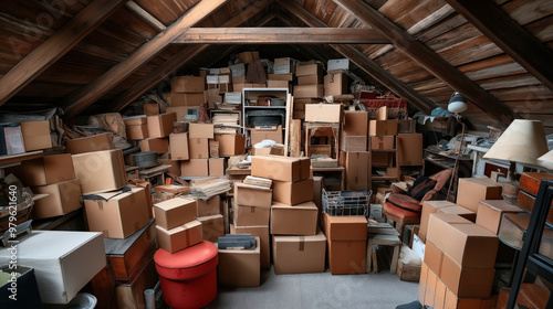 Crowded attic filled with stacked cardboard boxes, various furniture items, and miscellaneous household objects in a wooden interior with a pitched roof. photo