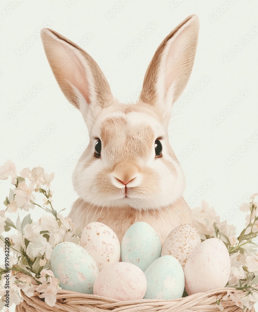 Cute Easter bunny surrounded by decorated Easter eggs and blooming spring flowers sitting in a basket. Banner, postcard with space for copying on Easter theme, packaging of farm products Cute Easter bunny surrounded by decorated Easter eggs and blooming spring flowers sitting in a basket. Banner, postcard with space for copying on Easter theme, packaging of farm products