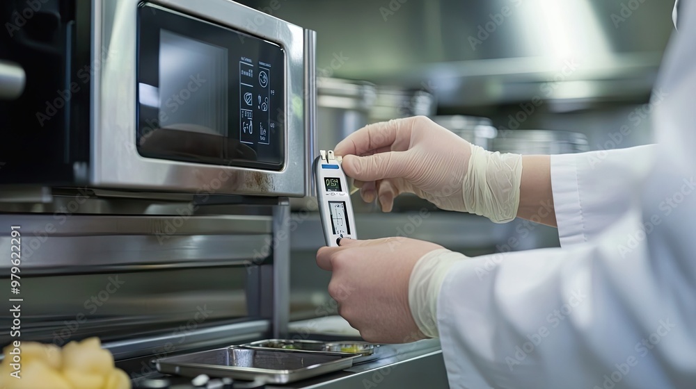 Person in a white coat using a temperature probe in a kitchen Person in a white coat using a temperature probe in a kitchen