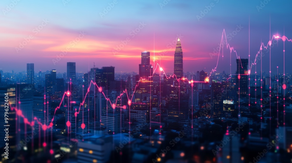Fototapeta premium Stunning city skyline at sunset with digital graphs, symbolizing finance and technology in a vibrant urban landscape.