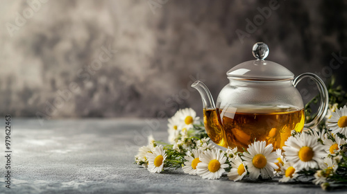 Chamomile tea in a glass teapot and cup on a grey background. photo