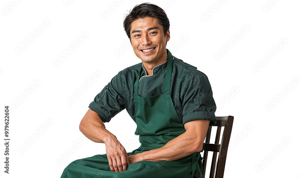 Portrait of a happy waitress man sitting on chairs, smiling food service worker, isolated on transparent background Portrait of a happy waitress man sitting on chairs, smiling food service worker, isolated on transparent background