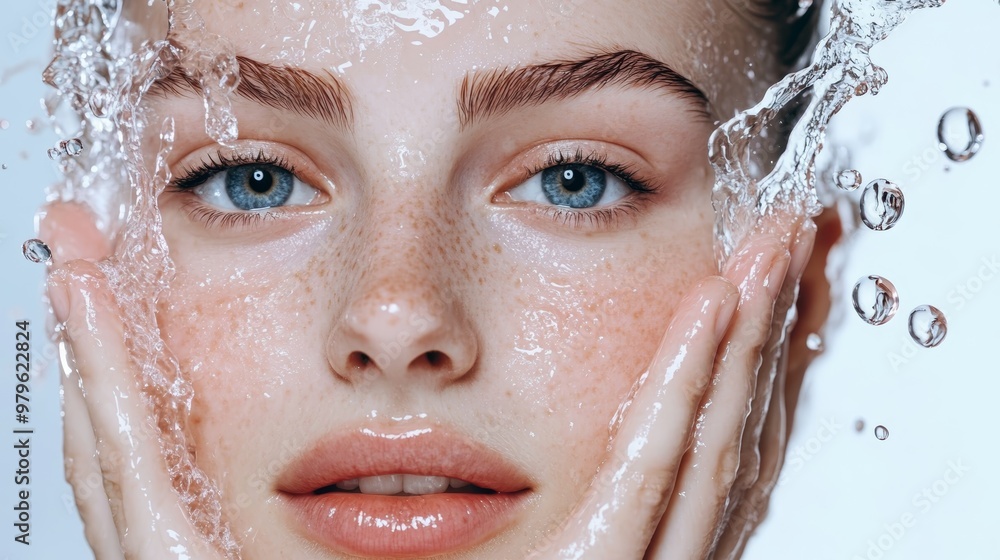 A close-up portrait of a woman with clear skin and fresh water splash on her face, showcasing beauty and skincare. A close-up portrait of a woman with clear skin and fresh water splash on her face, showcasing beauty and skincare.