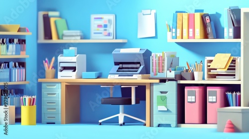 Wallpaper Mural Cartoon 3D style of an online store specializing in office supplies, with animated desks, stationery items, printers, and organizers, and a digital workspace environment Torontodigital.ca