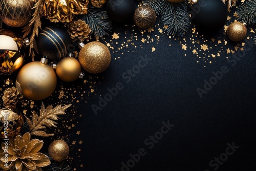 Elegant arrangement of golden Christmas decorations on black. photo