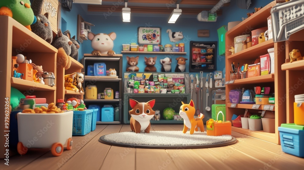 3D cartoon illustration of an online pet shop, featuring animated pet supplies like food, toys, grooming tools, and happy pets playing around in a virtual store environment 3D cartoon illustration of an online pet shop, featuring animated pet supplies like food, toys, grooming tools, and happy pets playing around in a virtual store environment