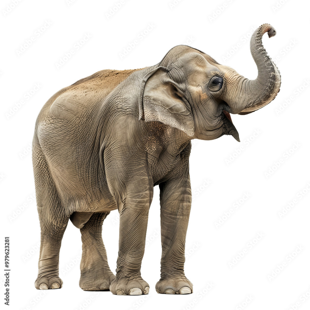 Fototapeta premium Young indian elephant raising its trunk while standing on a white background