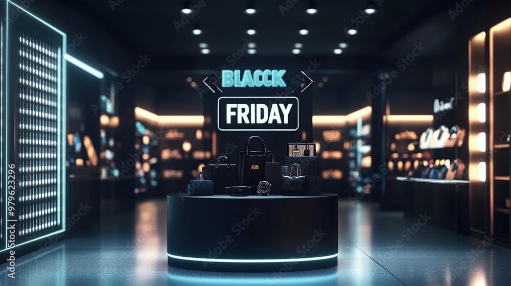 A modern retail display promoting a Black Friday sale with various products showcased. A modern retail display promoting a Black Friday sale with various products showcased.
