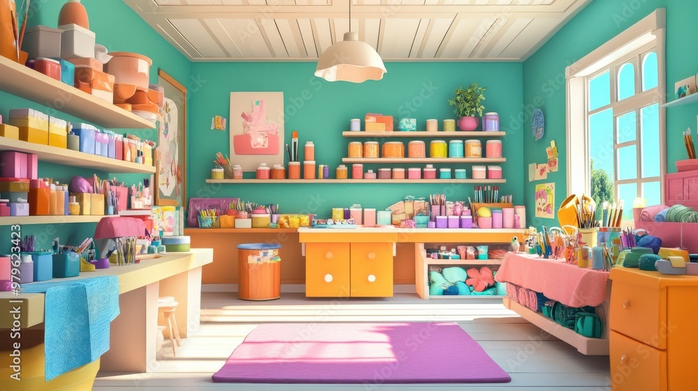 3D cartoon-style digital craft store, filled with supplies like paints, brushes, fabrics, and scrapbooking materials, with animated characters making creative projects 3D cartoon-style digital craft store, filled with supplies like paints, brushes, fabrics, and scrapbooking materials, with animated characters making creative projects