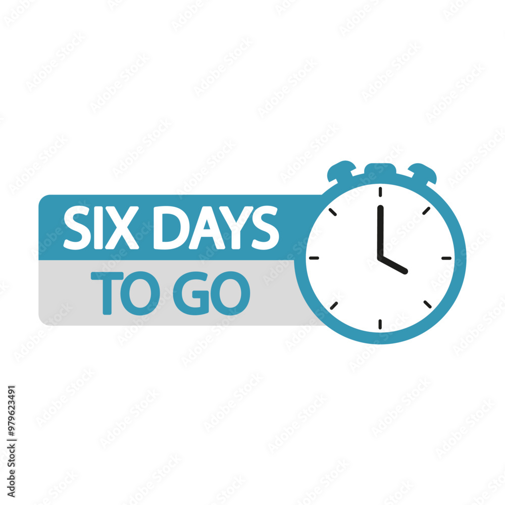 Countdown timer illustration. Number six focus. Six days to go text. Blue clock and digital countdown. Countdown timer illustration. Number six focus. Six days to go text. Blue clock and digital countdown.