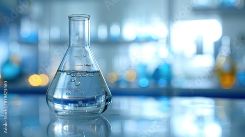 Close-up of glass beaker with clear liquid and floating indicator showing high lead levels, set on white countertop with copy space for text or design.