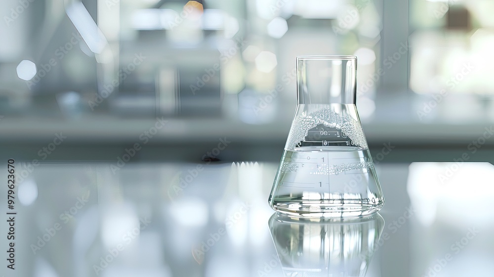 Close-up of glass beaker with clear liquid and floating indicator showing high lead levels, set on white countertop with copy space for text or design. Close-up of glass beaker with clear liquid and floating indicator showing high lead levels, set on white countertop with copy space for text or design.