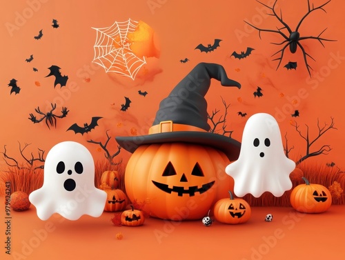 Spooky Halloween Ensemble with Pumpkins and Ghosts