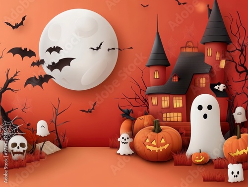 Spooky Halloween Ensemble with Pumpkins and Ghosts