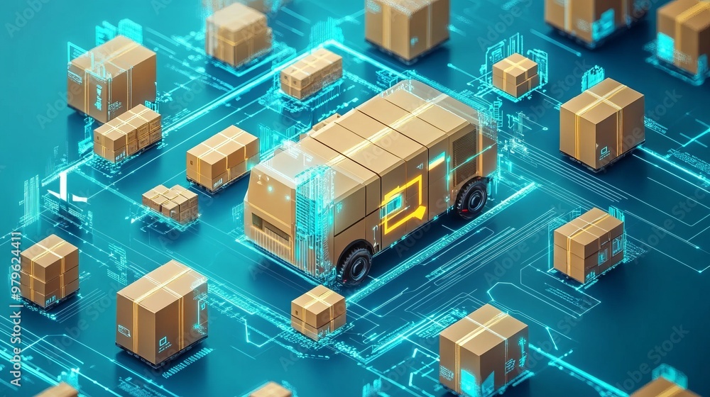 Smart warehouse management system identify package picking and delivery . Future concept of supply chain and logistic business Smart warehouse management system identify package picking and delivery . Future concept of supply chain and logistic business