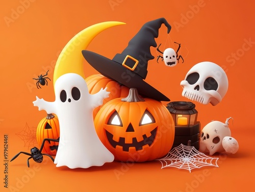 Spooky Halloween Ensemble with Pumpkins and Ghosts