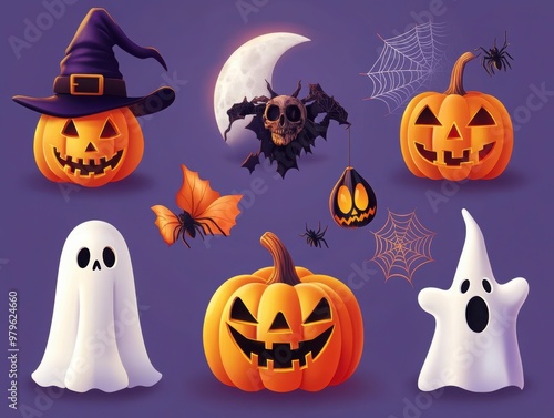 Spooky Halloween Ensemble with Pumpkins and Ghosts