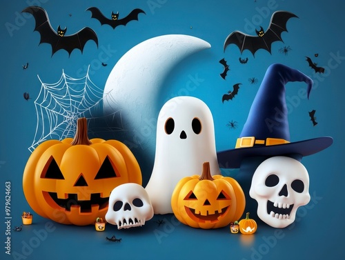 Spooky Halloween Ensemble with Pumpkins and Ghosts