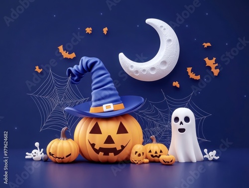 Spooky Halloween Ensemble with Pumpkins and Ghosts