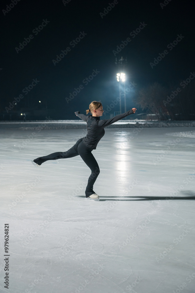 Beautiful young woman ice skating and performing short program over city outdoor ice arena. Winter activities concept Beautiful young woman ice skating and performing short program over city outdoor ice arena. Winter activities concept