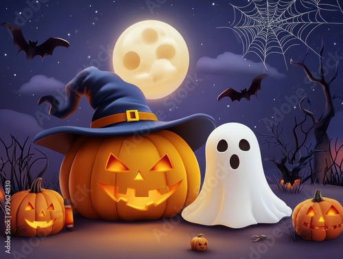 Spooky Halloween Ensemble with Pumpkins and Ghosts