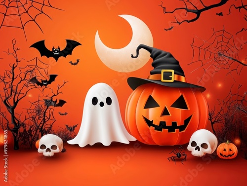 Spooky Halloween Ensemble with Pumpkins and Ghosts