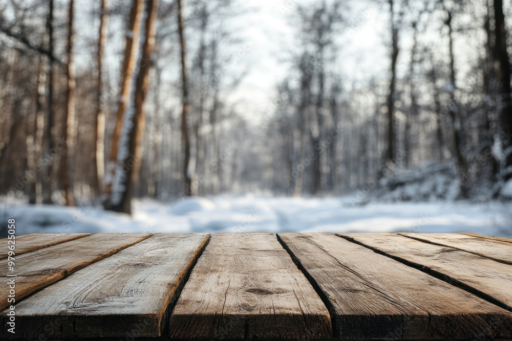 Fototapeta premium Empty wooden table amidst a snowy wooded landscape.