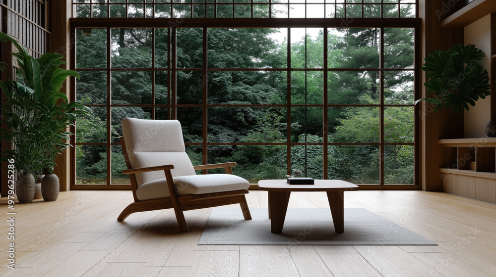 Modern minimalist interior with a comfortable armchair and coffee table near large windows overlooking lush greenery. The space features wooden flooring and indoor plants.