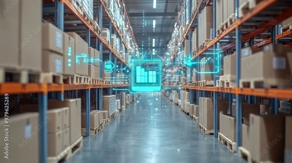 Smart warehouse management system identify package picking and delivery . Future concept of supply chain and logistic business Smart warehouse management system identify package picking and delivery . Future concept of supply chain and logistic business