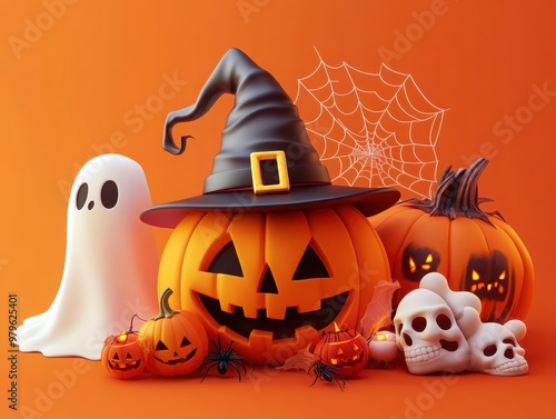 Spooky Halloween Ensemble with Pumpkins and Ghosts