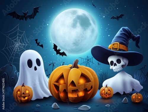 Spooky Halloween Ensemble with Pumpkins and Ghosts