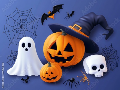 Spooky Halloween Ensemble with Pumpkins and Ghosts