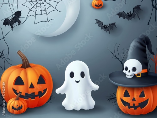 Spooky Halloween Ensemble with Pumpkins and Ghosts