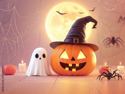 Spooky Halloween Ensemble with Pumpkins and Ghosts