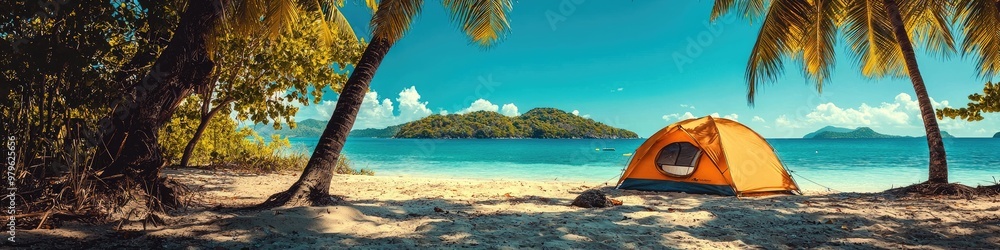 Fototapeta premium tent on the shore of a tropical beach. Selective focus