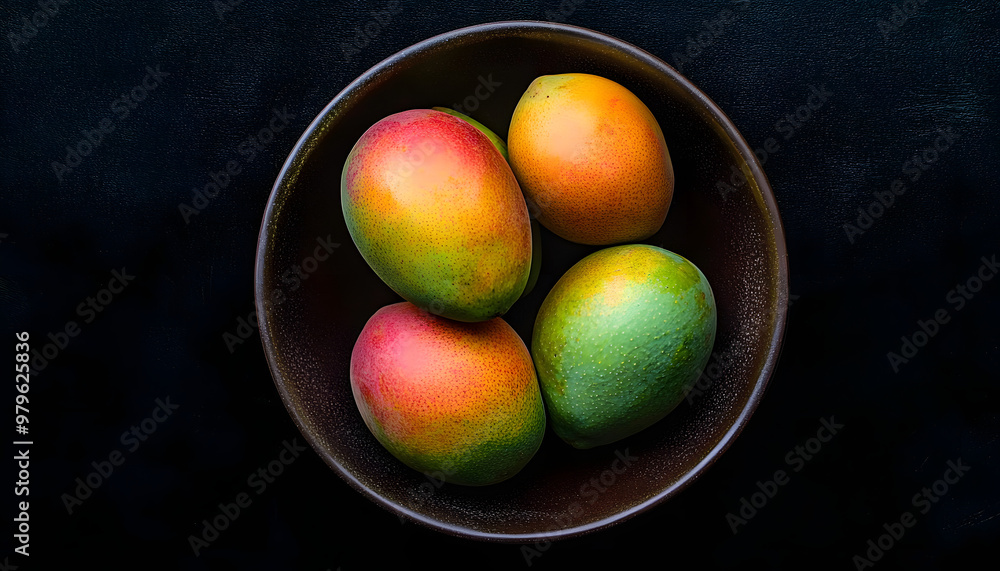 mango in a bowl on a black background, top view, copy space mango in a bowl on a black background, top view, copy space