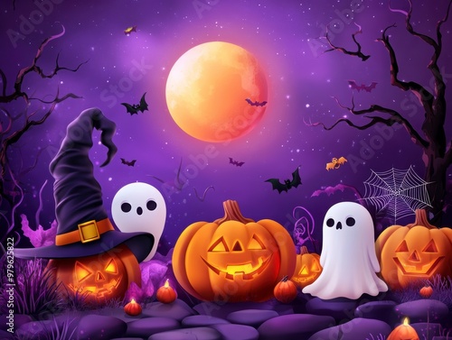 Spooky Halloween Ensemble with Pumpkins and Ghosts